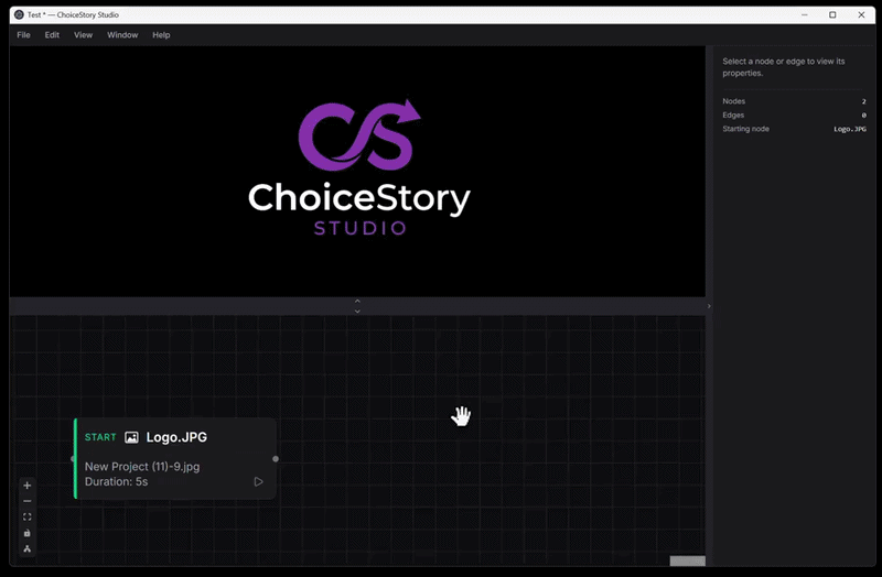 ChoiceStory Studio editor canvas: an image node, a video node, a connecting line, and the auto-generated choice screen between them.