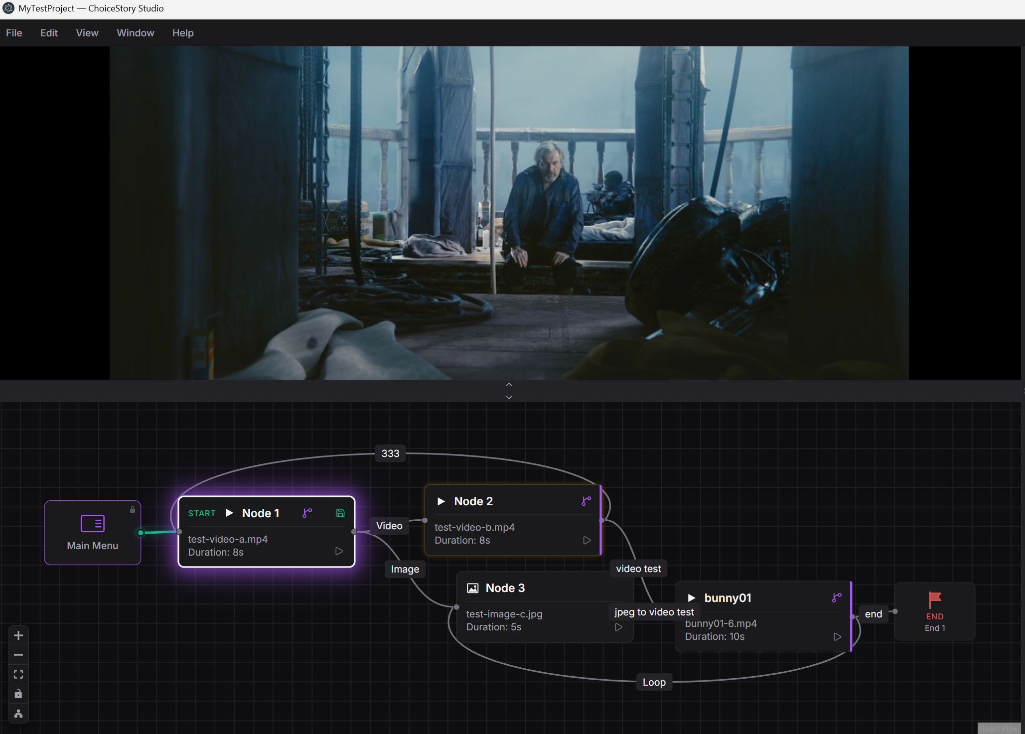 ChoiceStory Studio editor split-view: pause menu design surface on the left, the canvas with an end-screen node on the right.
