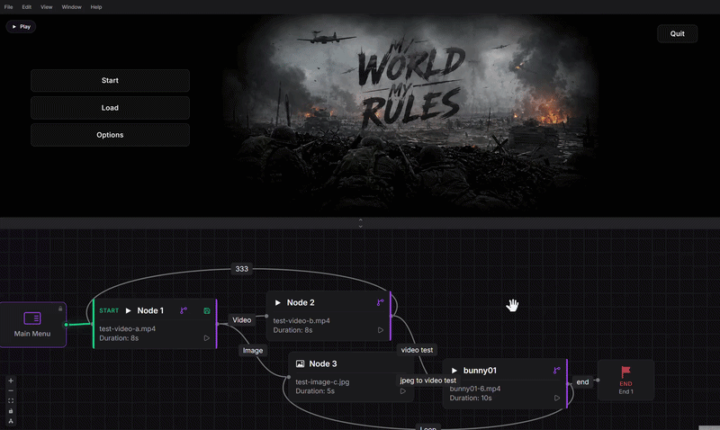 End-screen node configured in the editor and playing back: title, outro lines, and buttons fading in one by one.