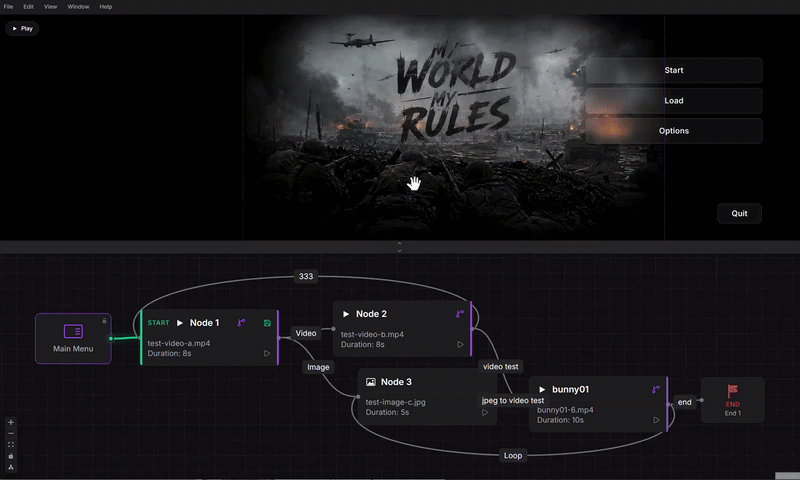 ChoiceStory Studio pause menu design surface: drag and resize handles around the menu, the live scene visible underneath.