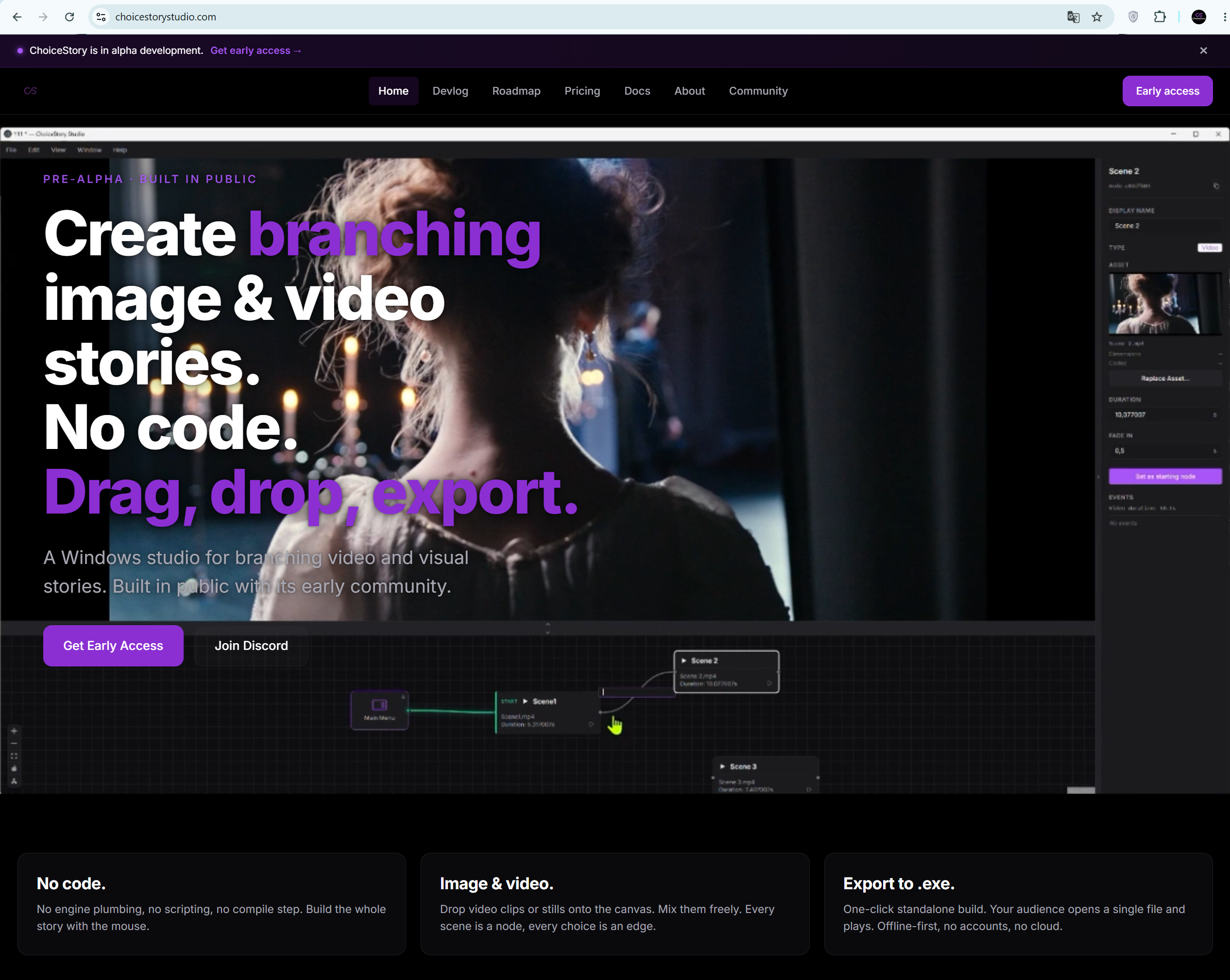 The ChoiceStory Studio website: the roadmap page next to a comparison table where some rows are won by the other tool.