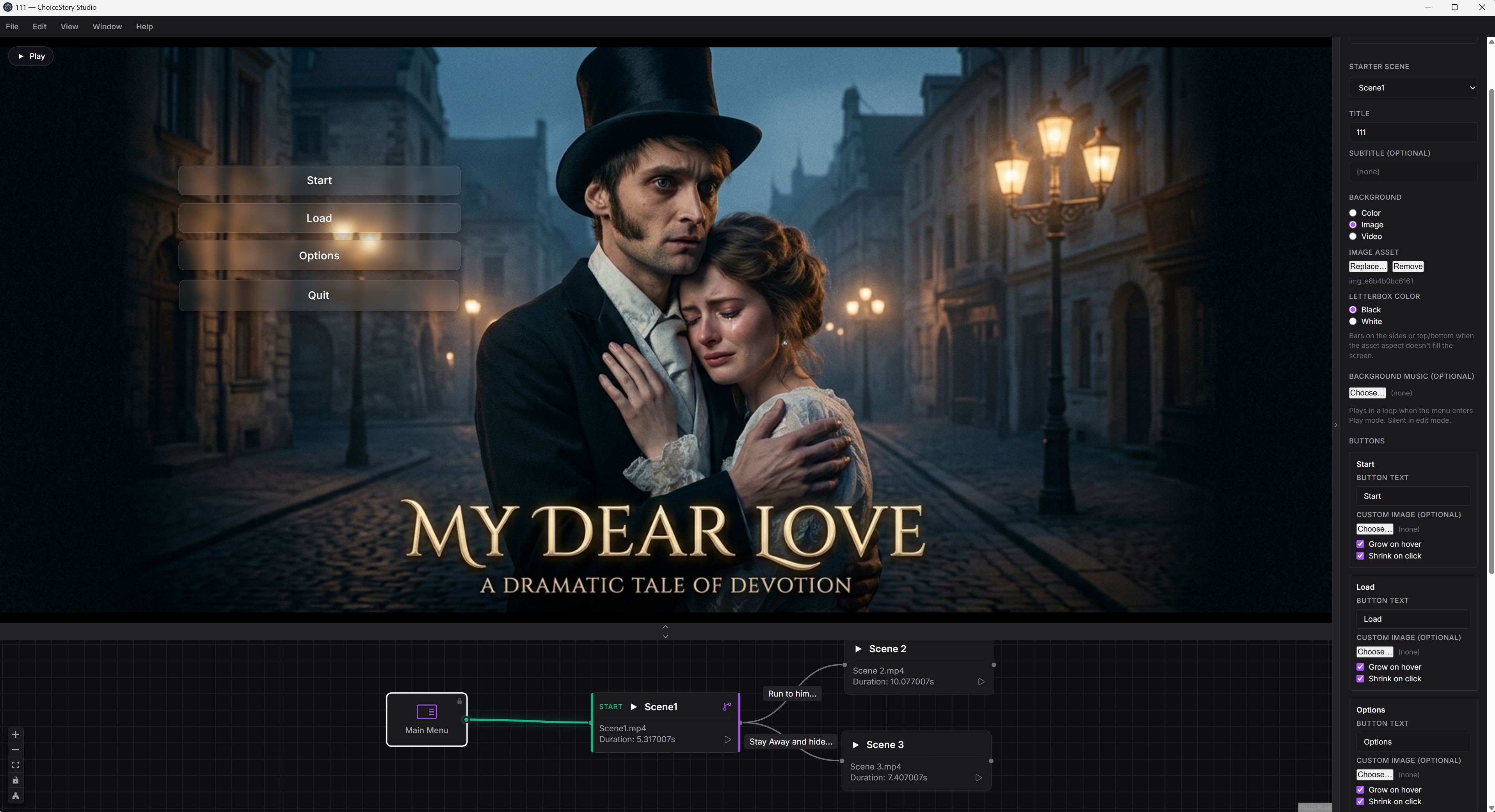 The ChoiceStory Studio editor: a Main Menu being designed for a story called 'My Dear Love', with the node canvas below.