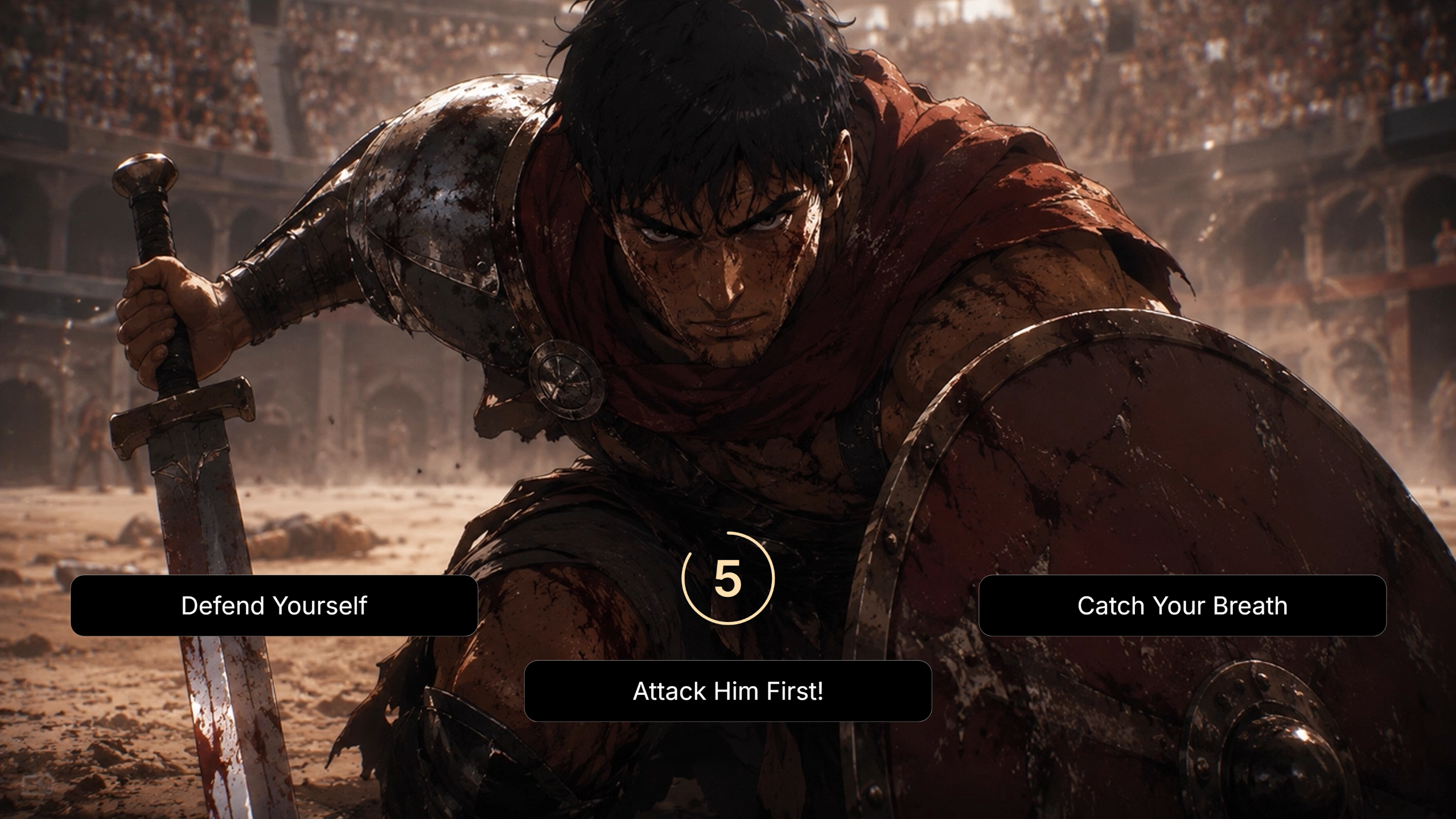 The ChoiceStory Studio editor: a main menu being designed with several stacked background layers, the layer panel open on the right and the node canvas below.