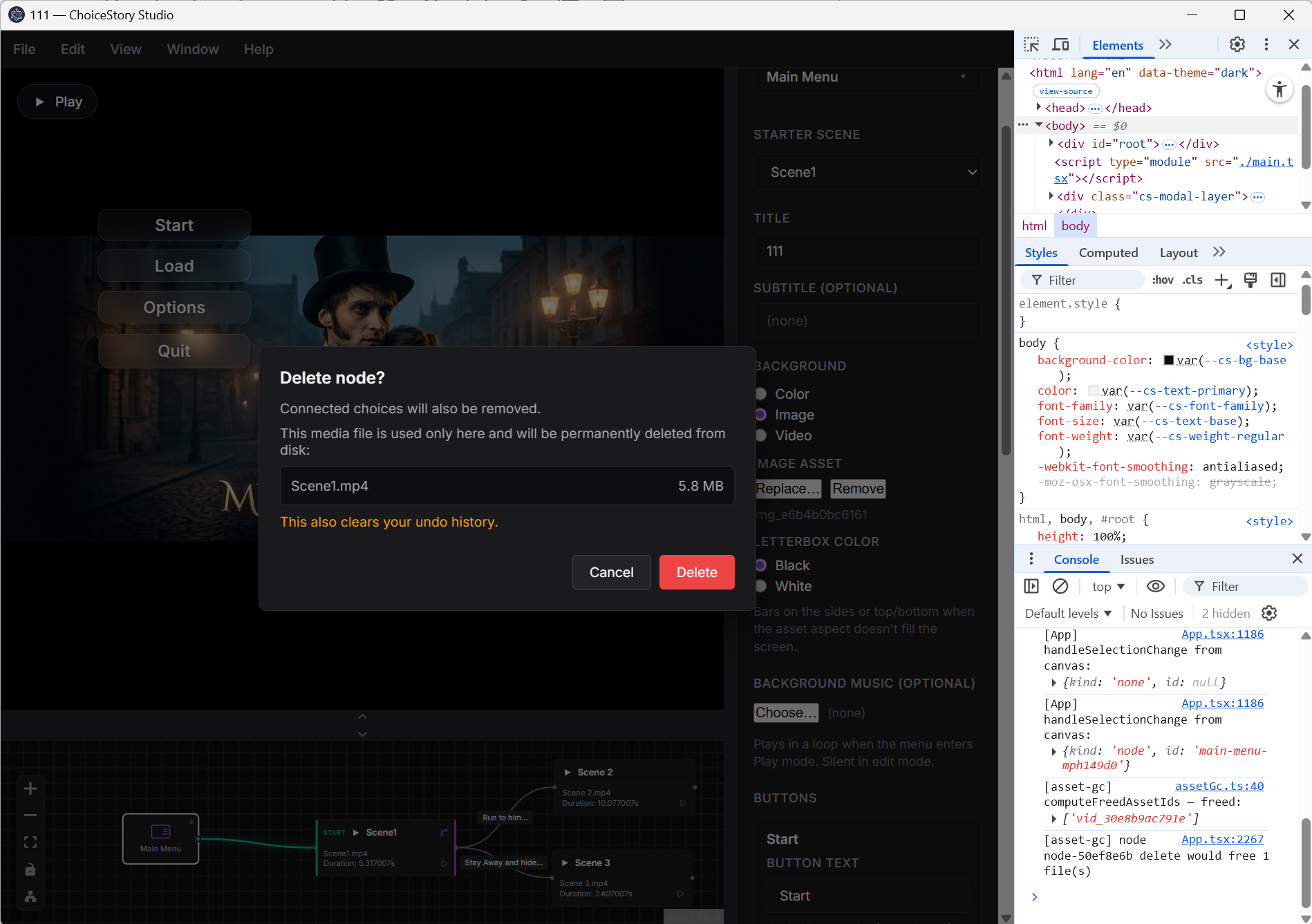 The studio's 'Delete node?' dialog, warning the media file will be permanently deleted from disk and undo history cleared, with the dev console open alongside.